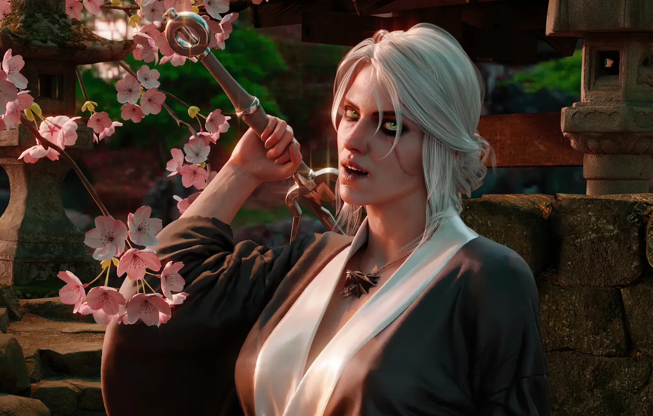 Фото обои девушка, весна, меч, цветущая сакура, horse, The Witcher 3 Wild Hunt, Cirilla Fiona Elen Riannon, …