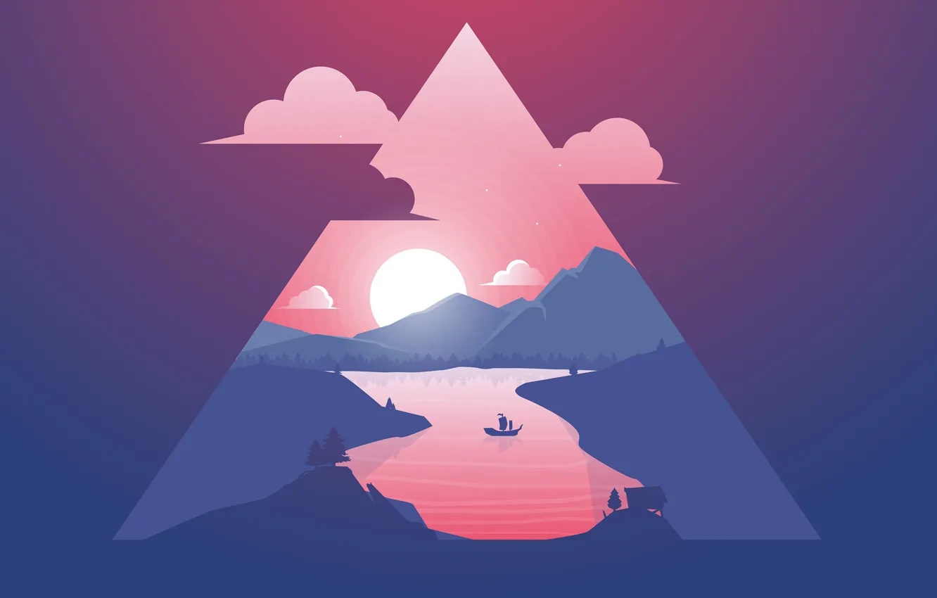 Фото обои Закат, Солнце, Минимализм, Река, Корабль, Силуэт, Треугольник