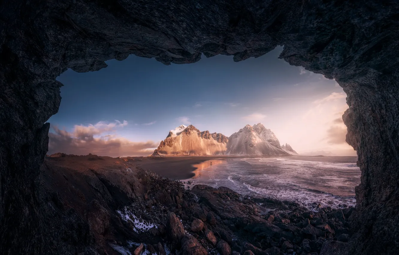 Фото обои море, горы, пещера