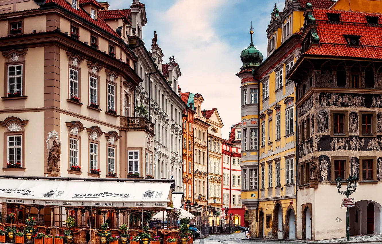 Фото обои город, улица, здания, дома, Прага, Чехия, кафе, архитектура