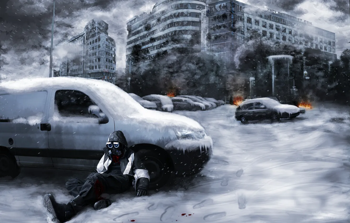 Фото обои снег, машины, город, огонь, дым, руины, Романтика апокалипсиса, Romantically apocalyptic