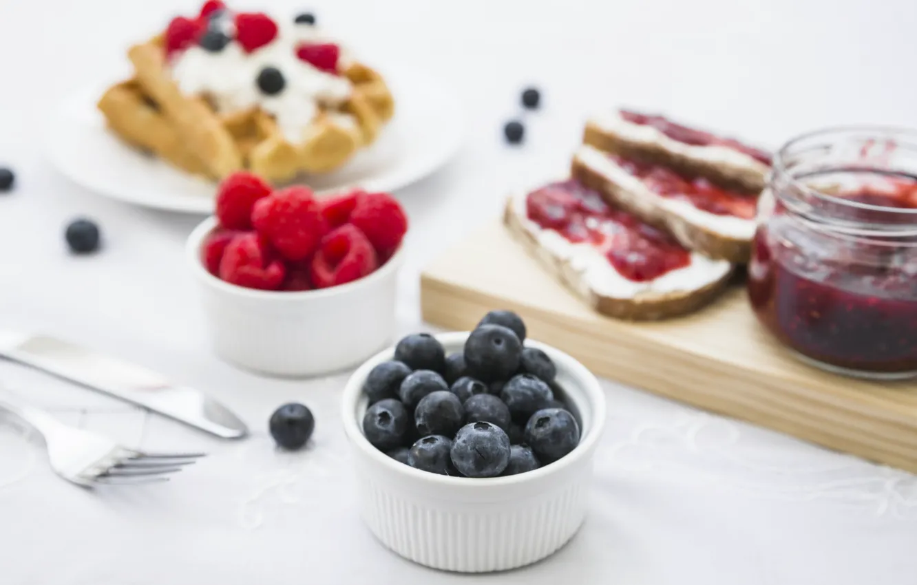 Фото обои ягоды, завтрак, вафли, джем, jam, Morning, Sweet, Bread
