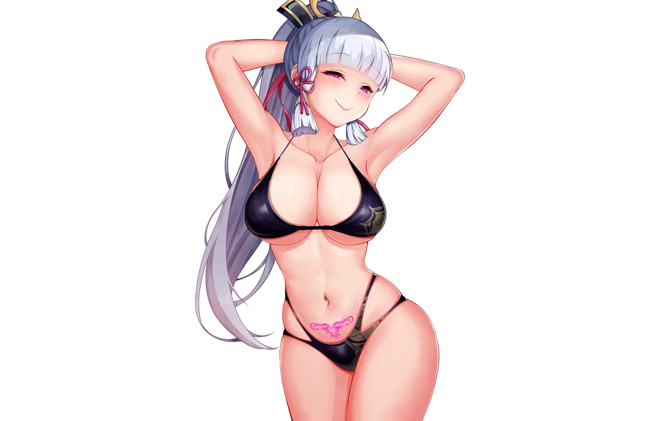 Фото обои girl, sexy, cleavage, long hair, boobs, anime, beautiful, ribbons