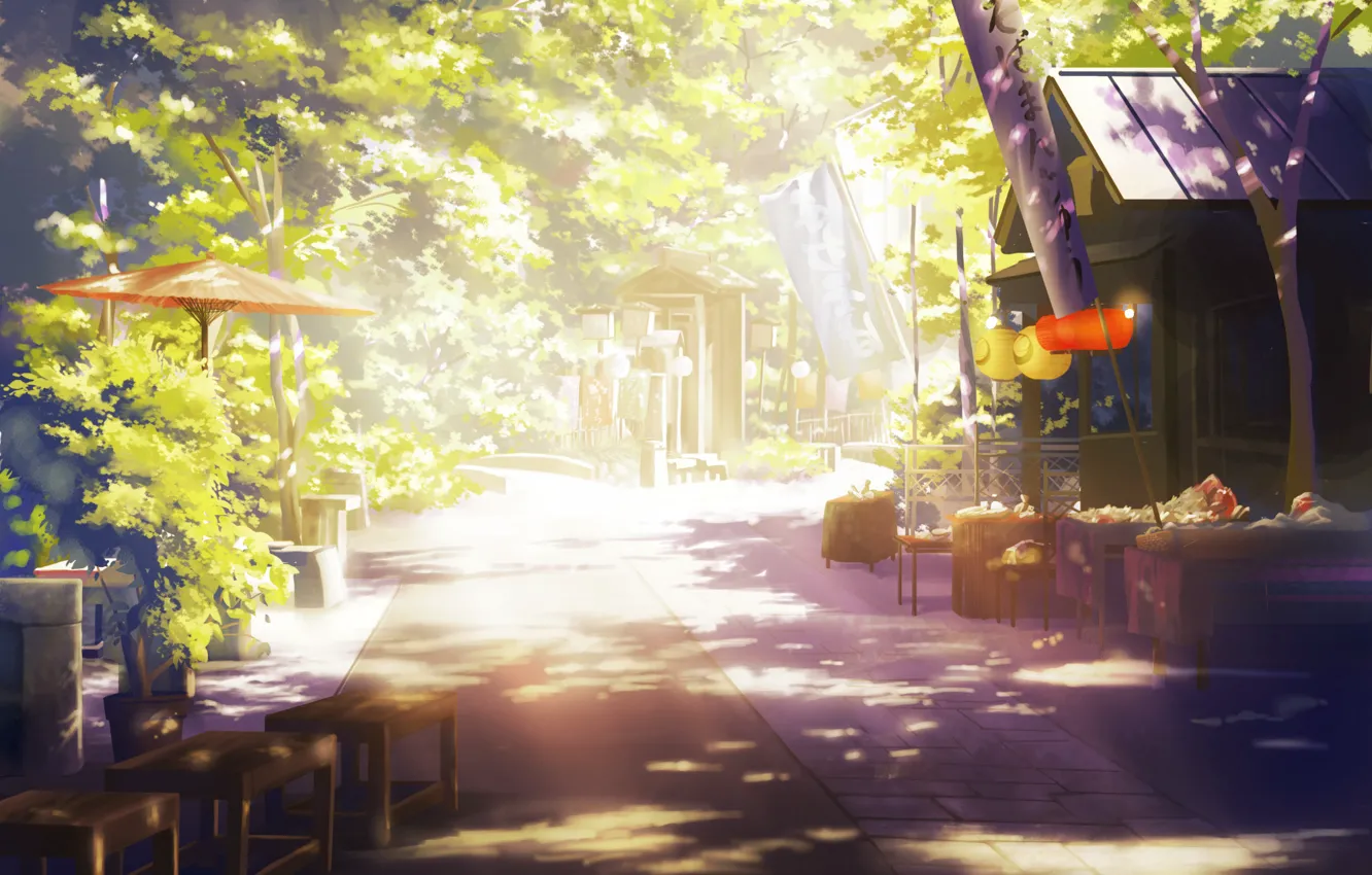 Фото обои лето, деревья, улица, арт, столы, нарисованный пейзаж
