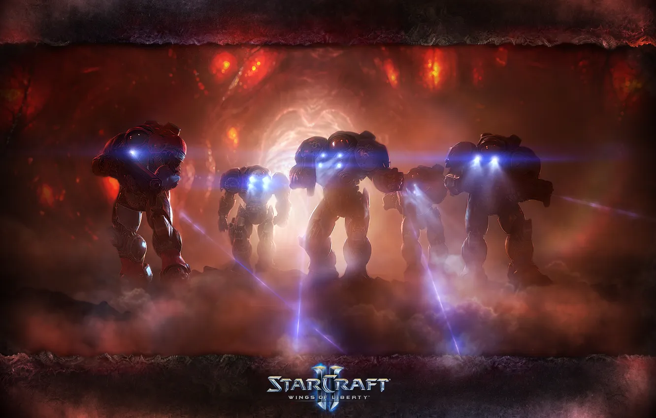 Фото обои туман, оружие, пещера, броня, Terran, Starcraft, marine, пехота