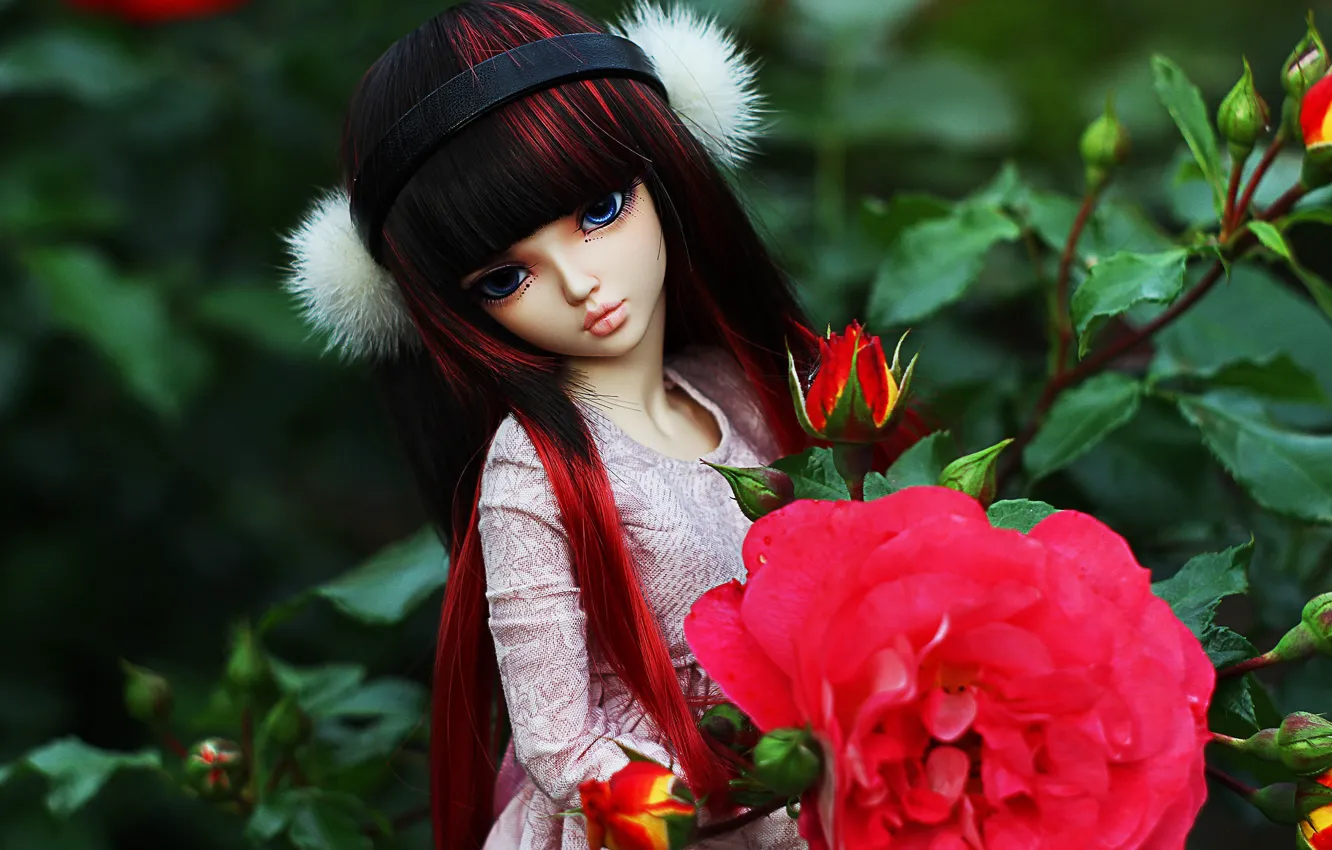 Фото обои девушка, волосы, роза, кукла
