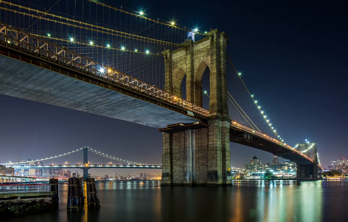 Фото обои Вечер, Город, Бруклинский Мост