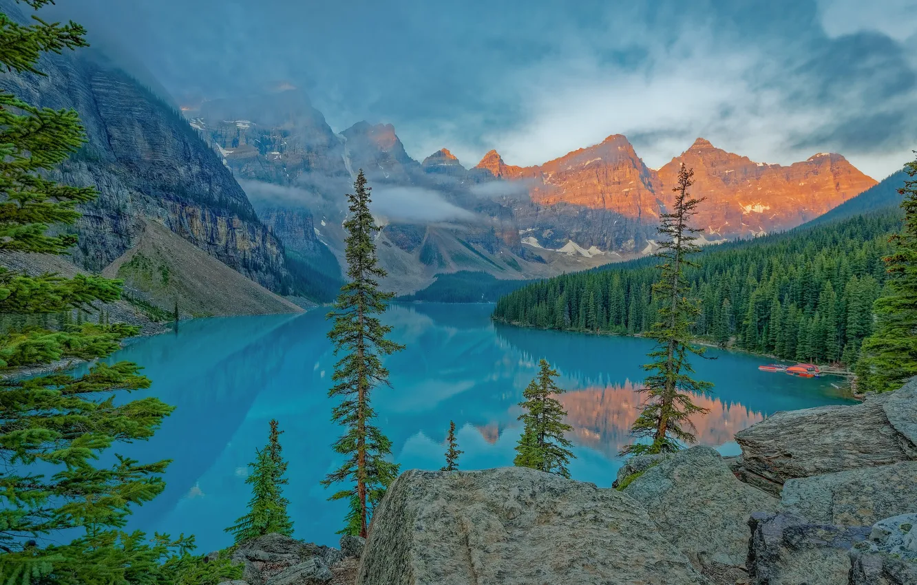 Фото обои лес, деревья, горы, озеро, утро, Канада, Альберта, Banff National Park