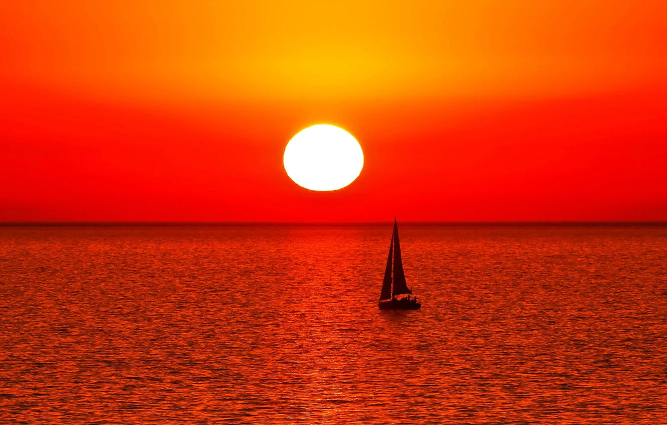 Фото обои море, небо, солнце, закат, лодка, парус