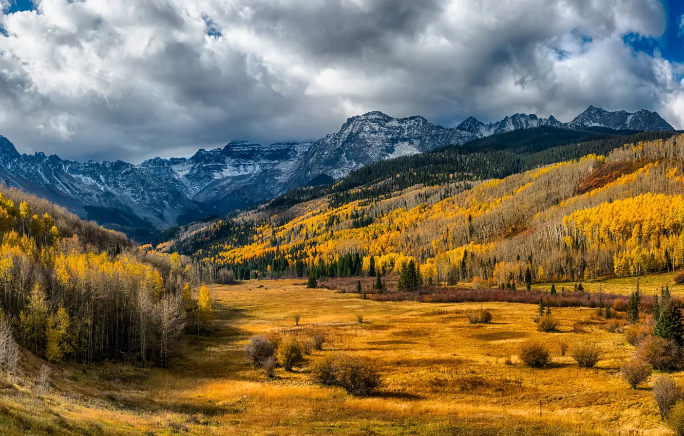 Фото обои осень, лес, солнце, облака, деревья, горы, долина, США