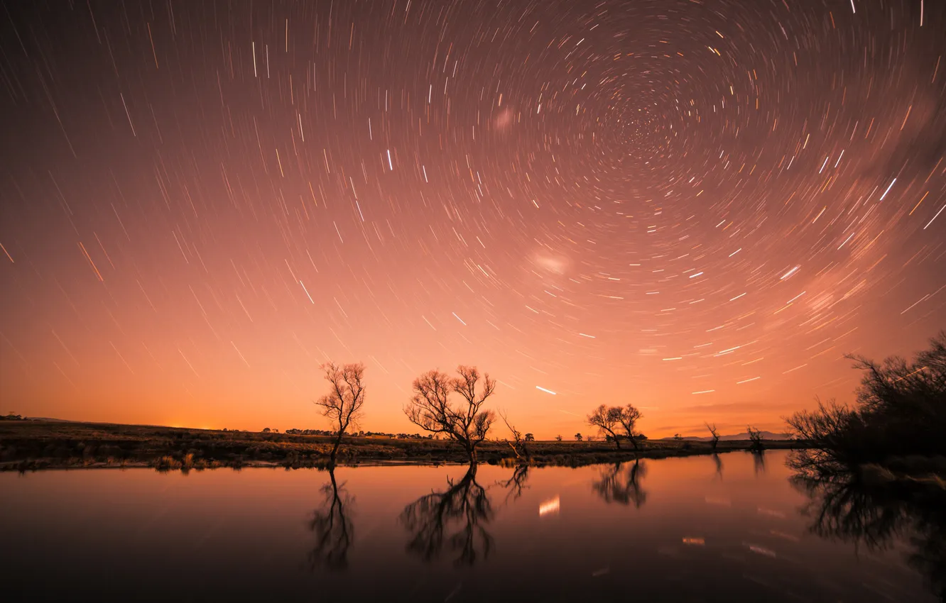 Фото обои Ночь, Озеро, Деревья, Night, Lake, Trees, Nature Scenery, Star Tracks