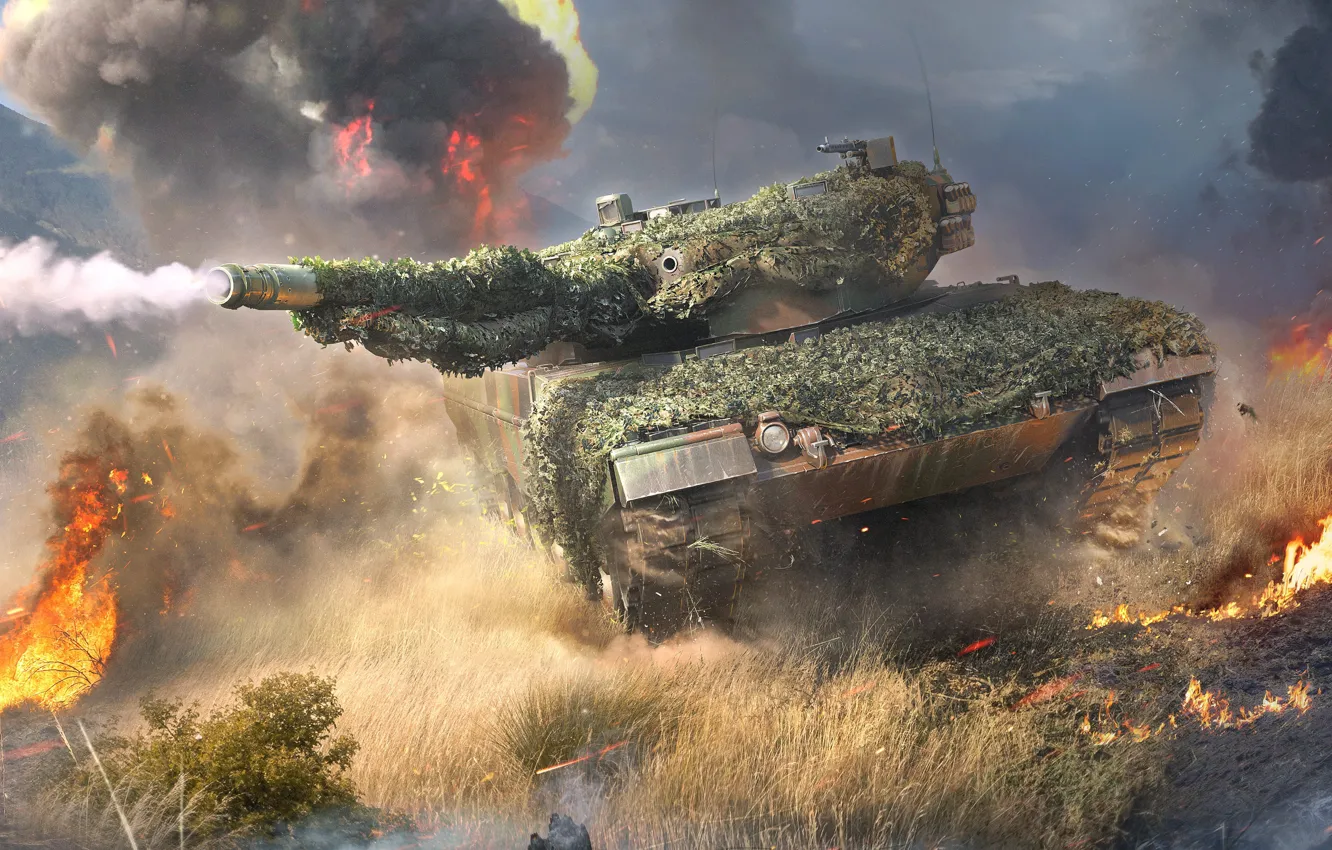 Фото обои Игра, Дым, Германия, Огонь, Танк, Game, Leopard 2A4, War Thunder