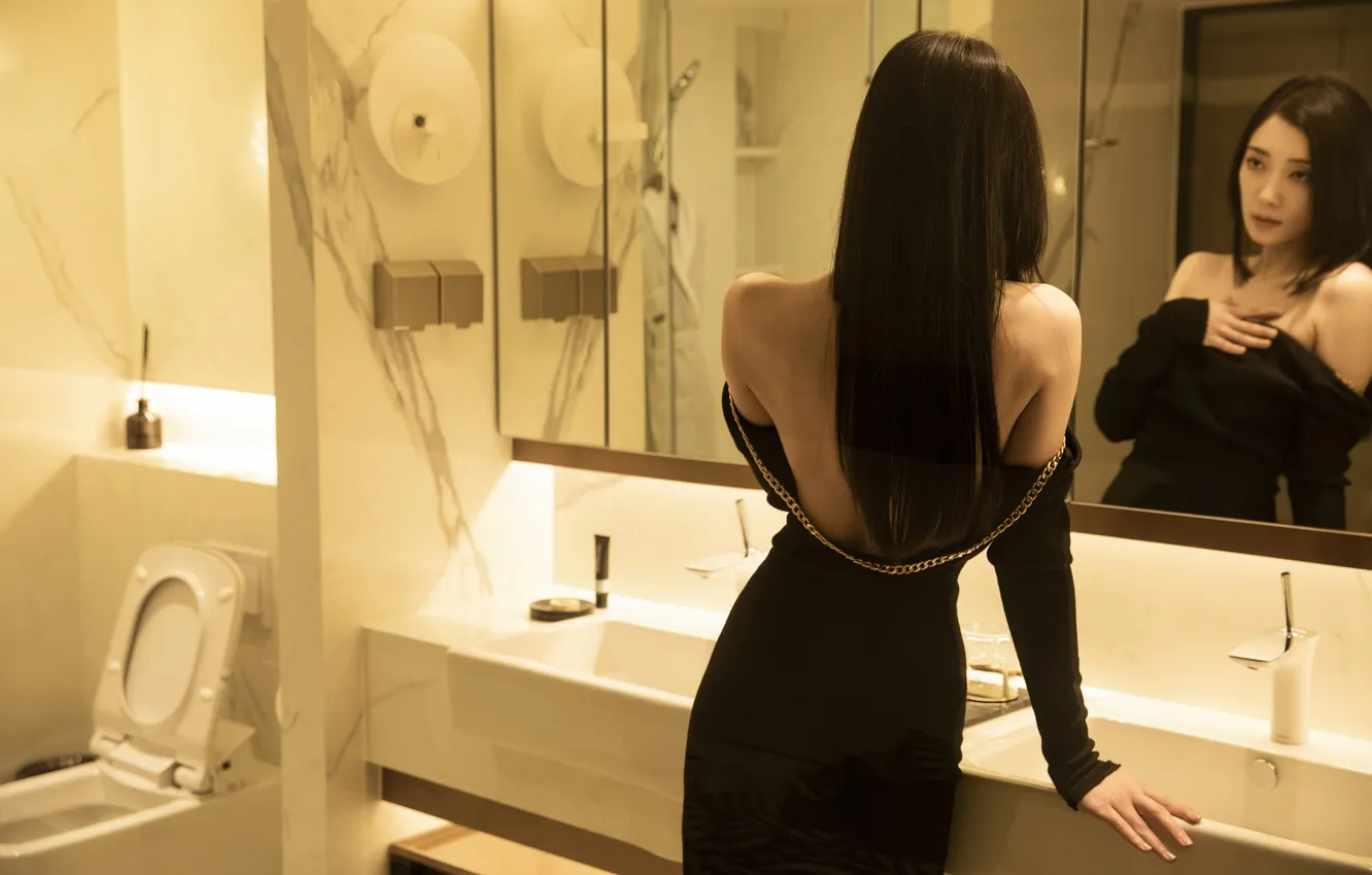 Фото обои Beautiful, Asian, Model, Woman, Mirror, Reflection, Pretty, Indoor