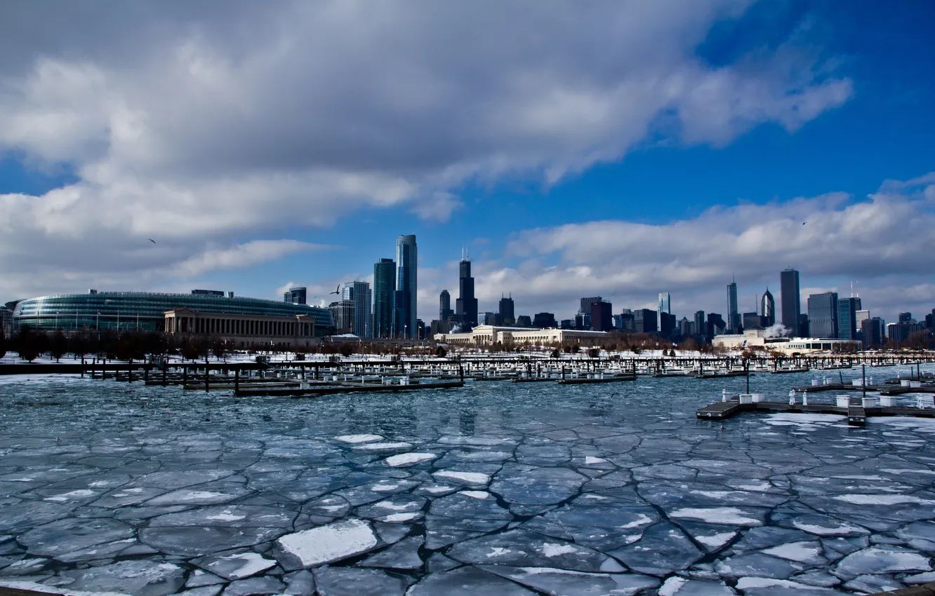 Фото обои лед, зима, здания, небоскребы, порт, льдины, USA, америка
