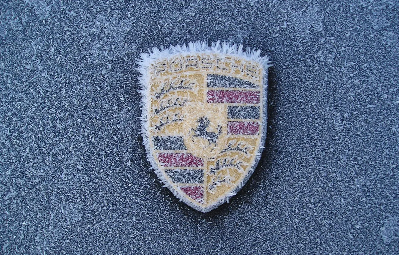 Фото обои зима, иней, логотип, Porsche, замёрзший