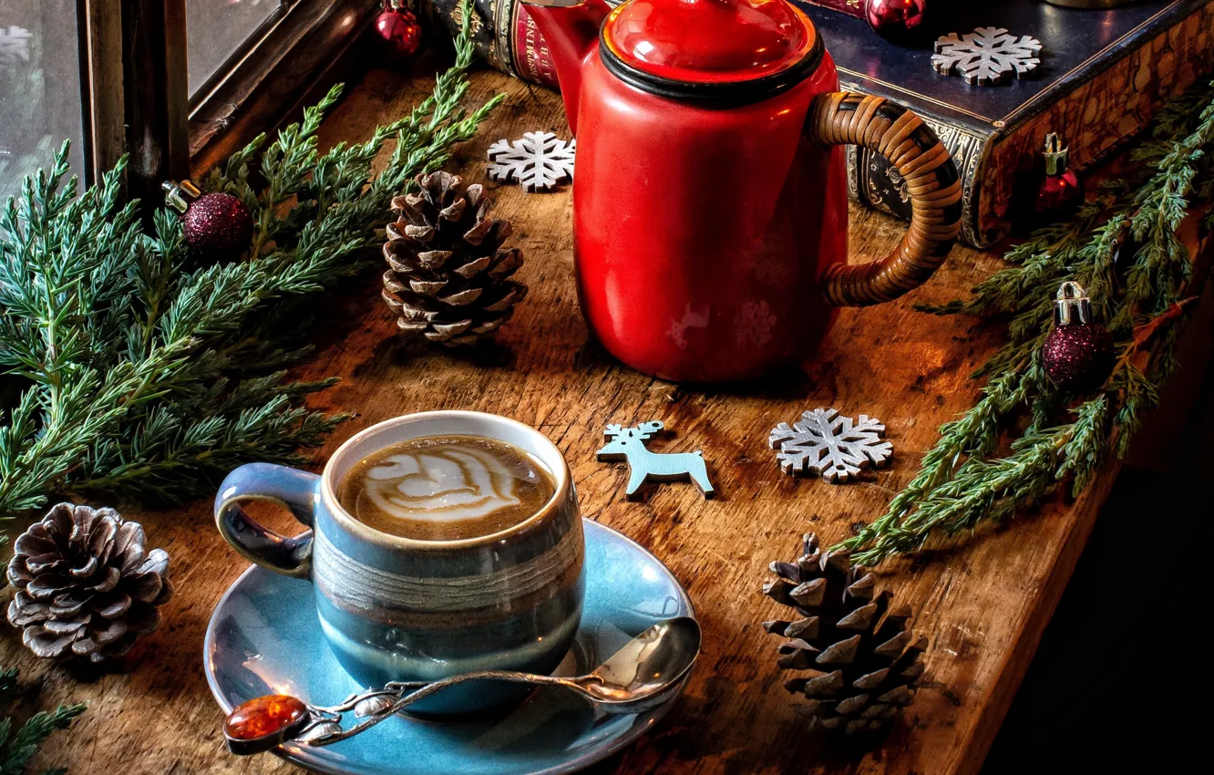 Фото обои шарики, снежинки, ветки, книги, кофе, чайник, окно, Рождество