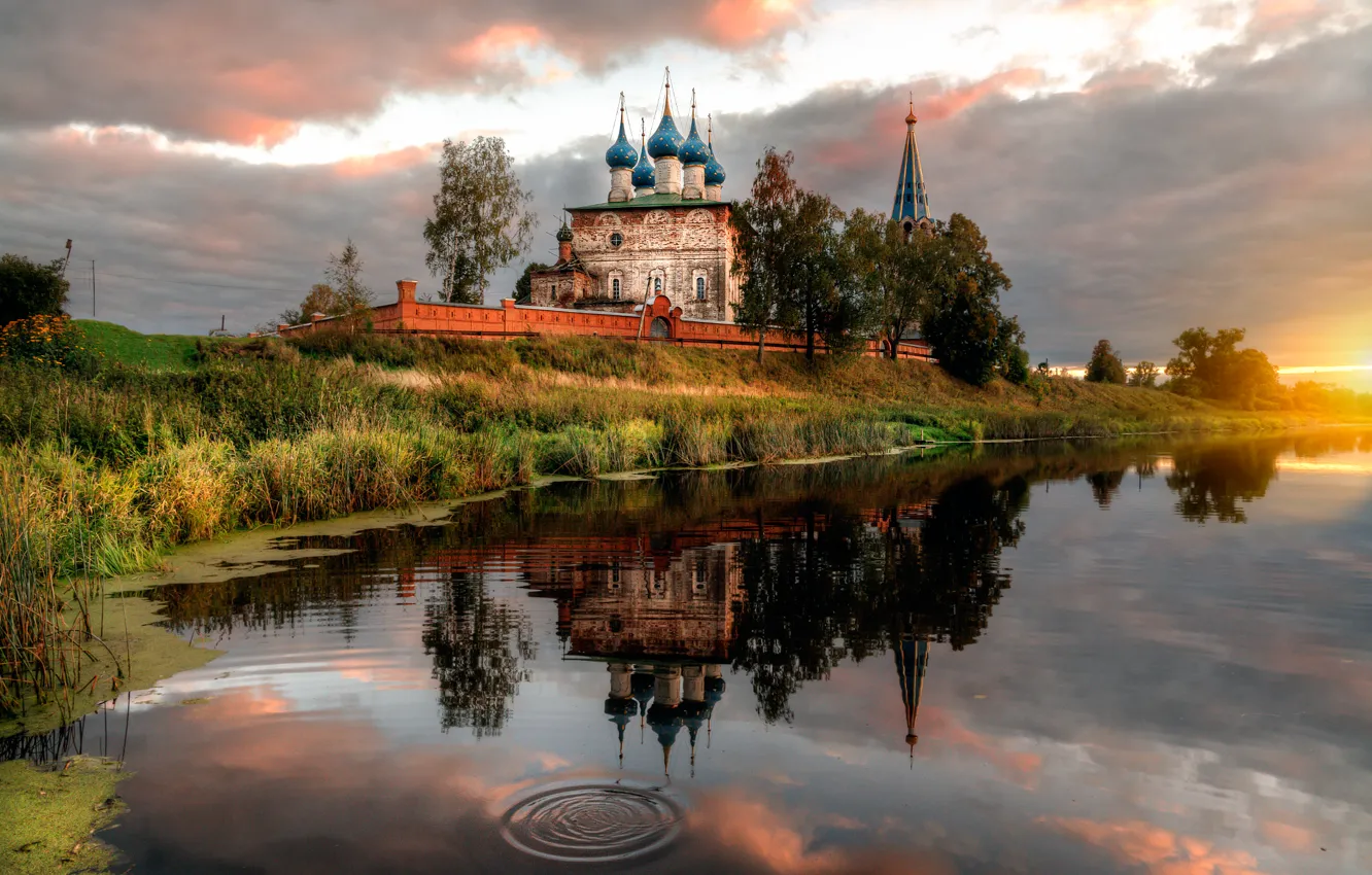Фото обои закат, река, храм, Россия, Ивановская область