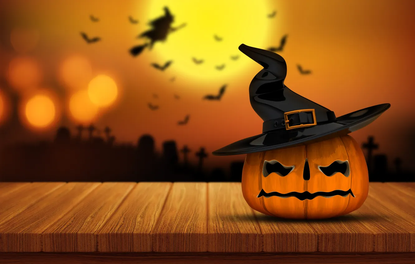 Фото обои Ночь, Луна, Тыква, Ведьма, Halloween, Шляпа, Хэллоуин
