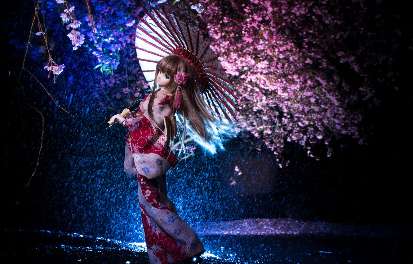Фото обои ночь, зонтик, японка, кукла, сакура, кимоно