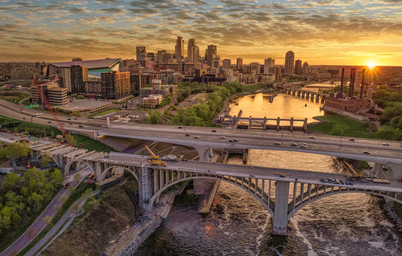 Фото обои закат, река, здания, дома, мосты, Миннесота, Minnesota, Minneapolis