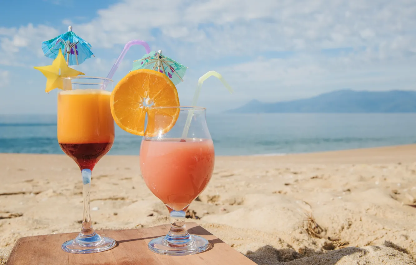 Фото обои песок, море, пляж, побережье, апельсин, коктейль, цитрус