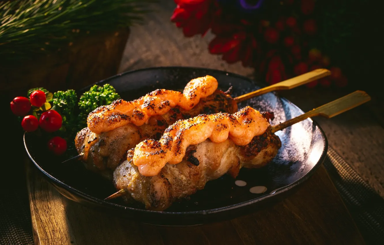 Фото обои мясо, помидоры, шашлык