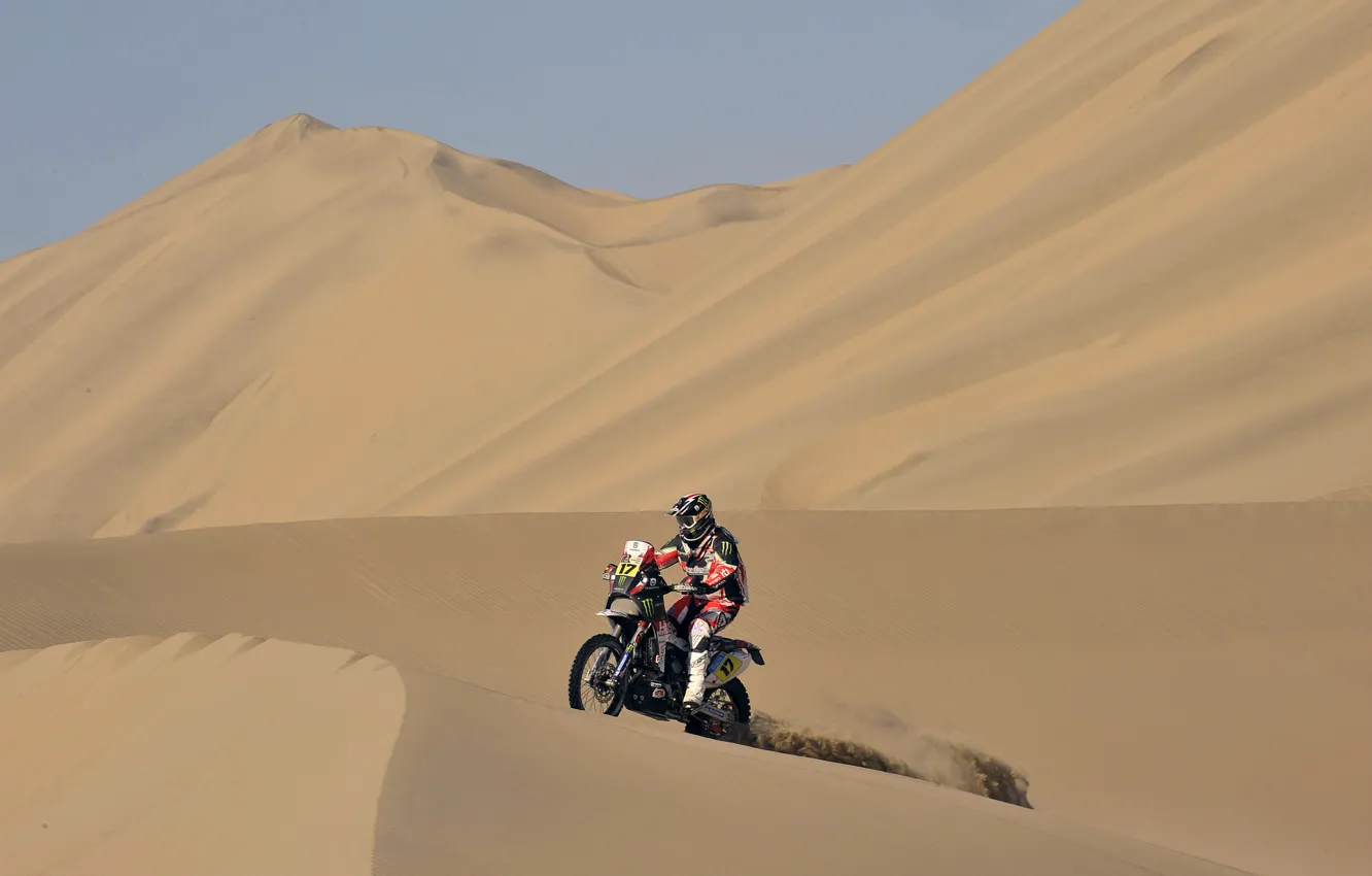 Фото обои Небо, Песок, Спорт, Пустыня, Мотоцикл, Мото, Жара, Dakar