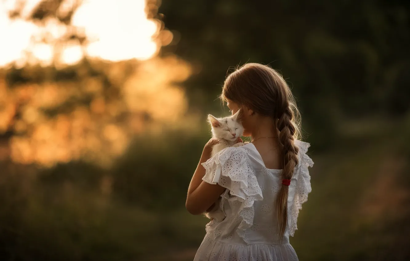 Фото обои зелень, нежность, платье, объятия, девочка, коса, котёнок, САРАФА