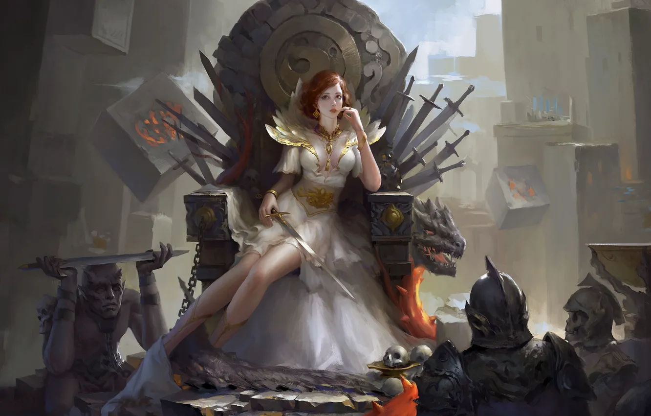 Фото обои взгляд, девушка, фэнтези, арт, цепи, мечи, воины, трон