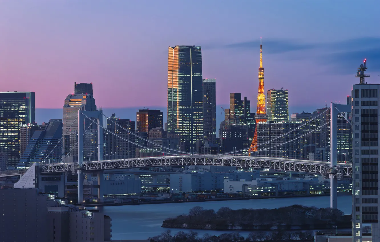 Фото обои мост, река, рассвет, дома, Япония, Токио, Tokyo, Japan