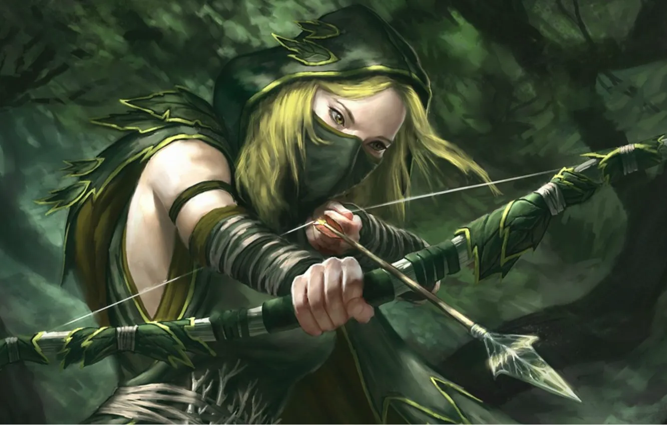 Фото обои лес, маска, лук, лучница, капюшон, стрелы, Dota 2, drowranger