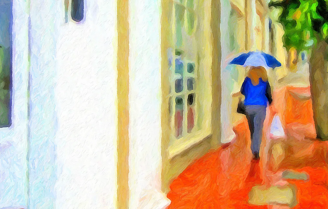 Фото обои девушка, город, рендеринг, фото, улица, дома, зонт