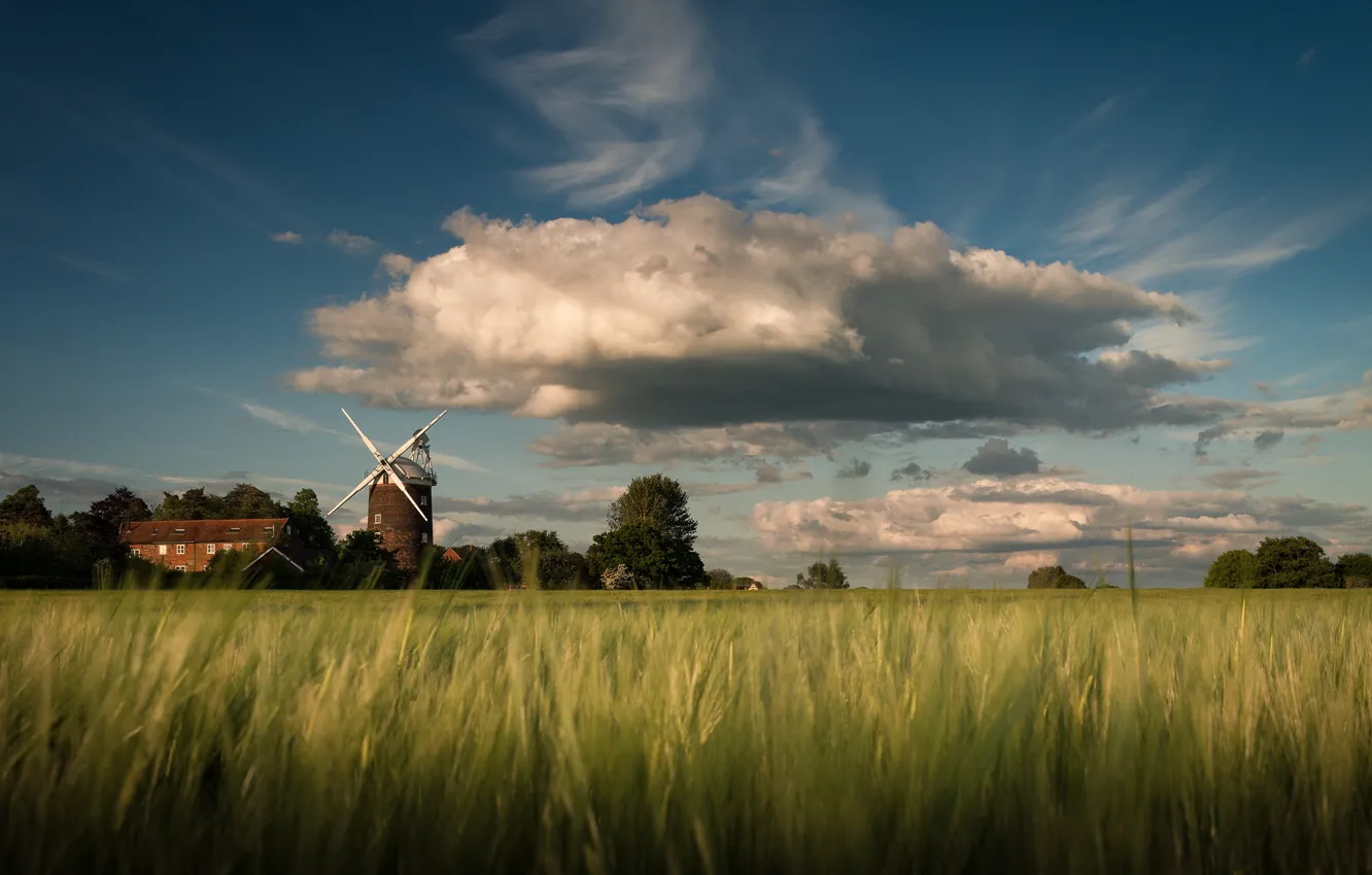 Фото обои поле, небо, облака, весна, Великобритания, посёлок, Old Buckenham