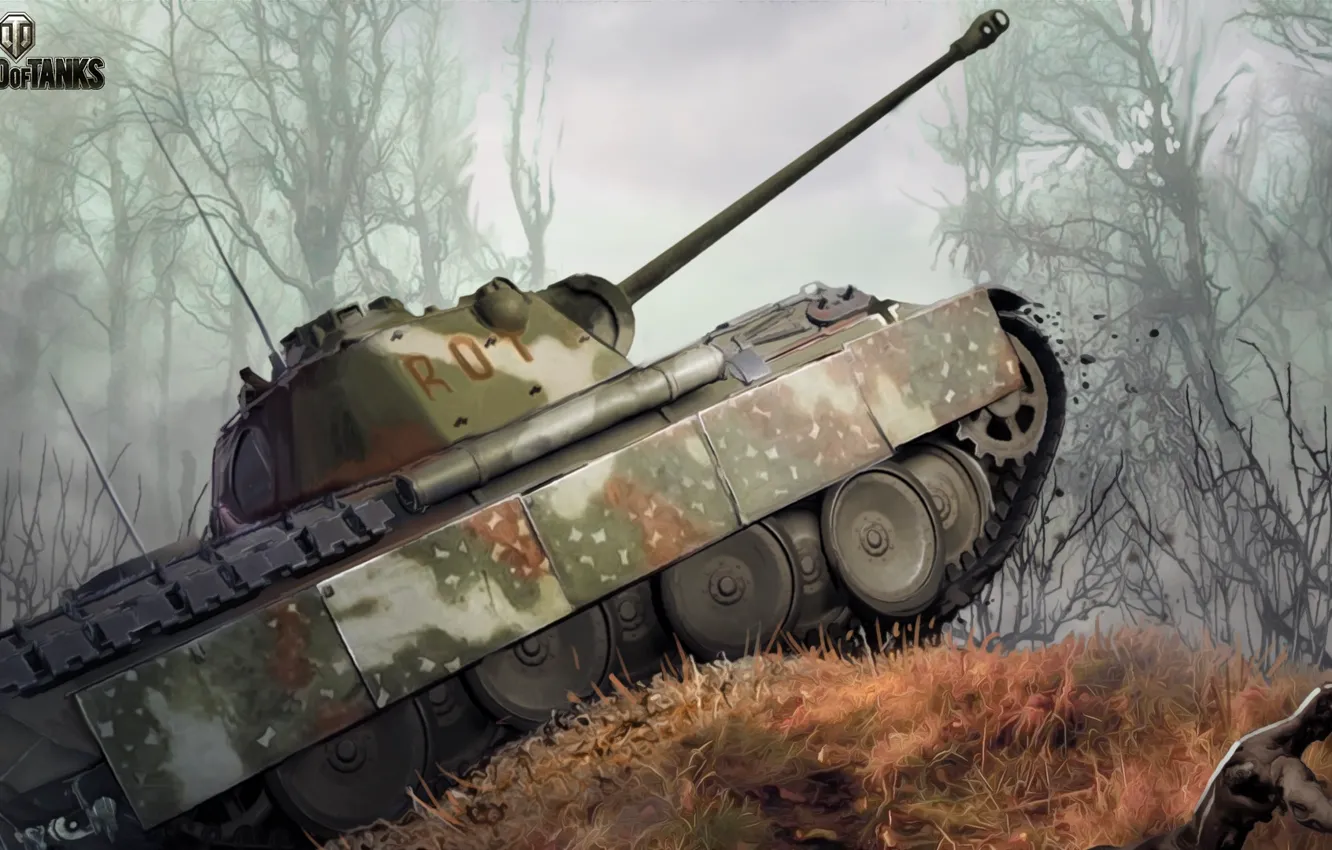 Фото обои лес, рисунок, арт, Пантера, танк, камуфляж, немецкий, средний
