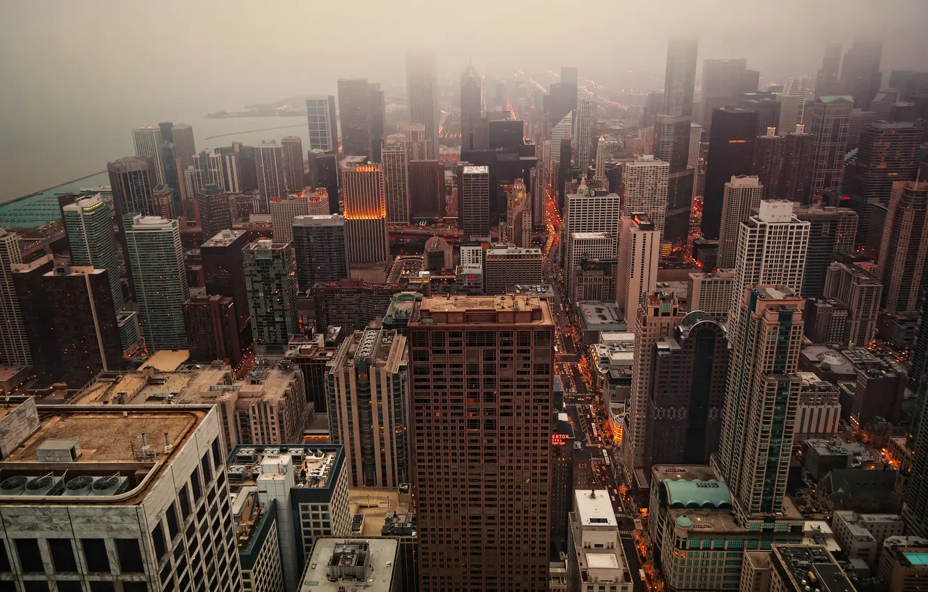 Фото обои город, туман, дома, вечер, утро, Чикаго, сша, смог