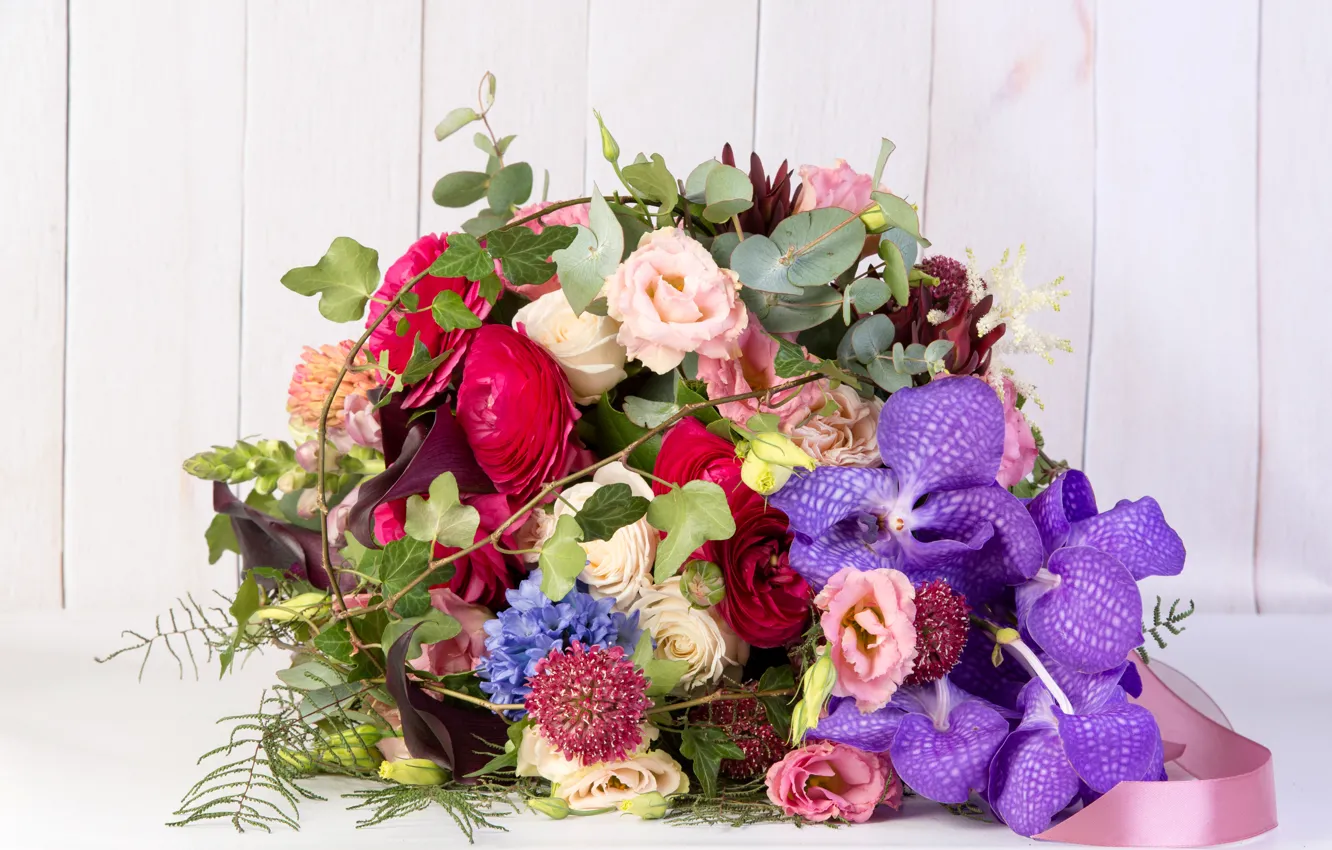 Фото обои букет, орхидея, Orchid, lovely, эустома, лютик, Bouquets, Eustoma