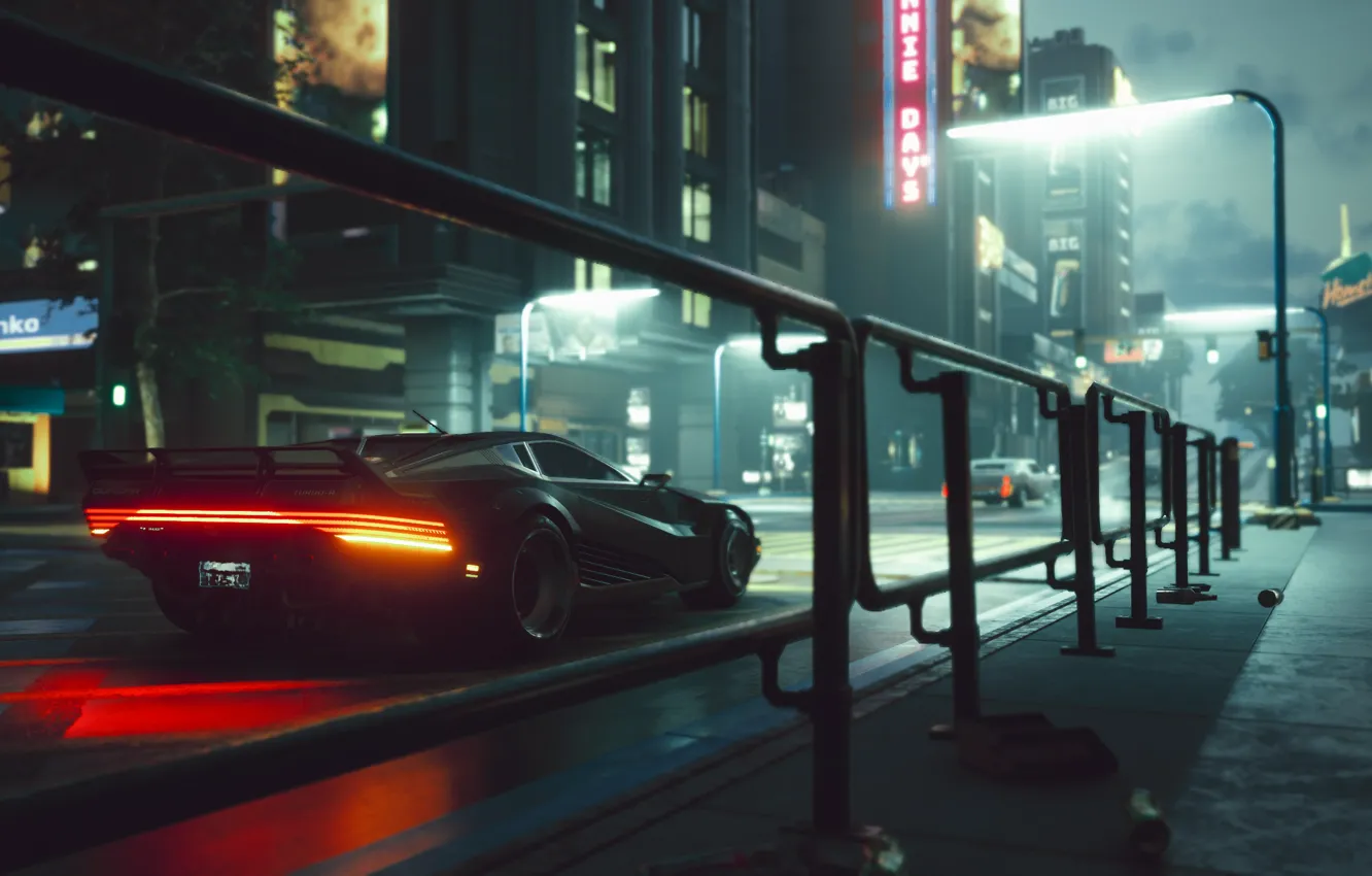 Фото обои дорога, машина, ночь, огни, фонари, киберпанк, cyberpunk 2077