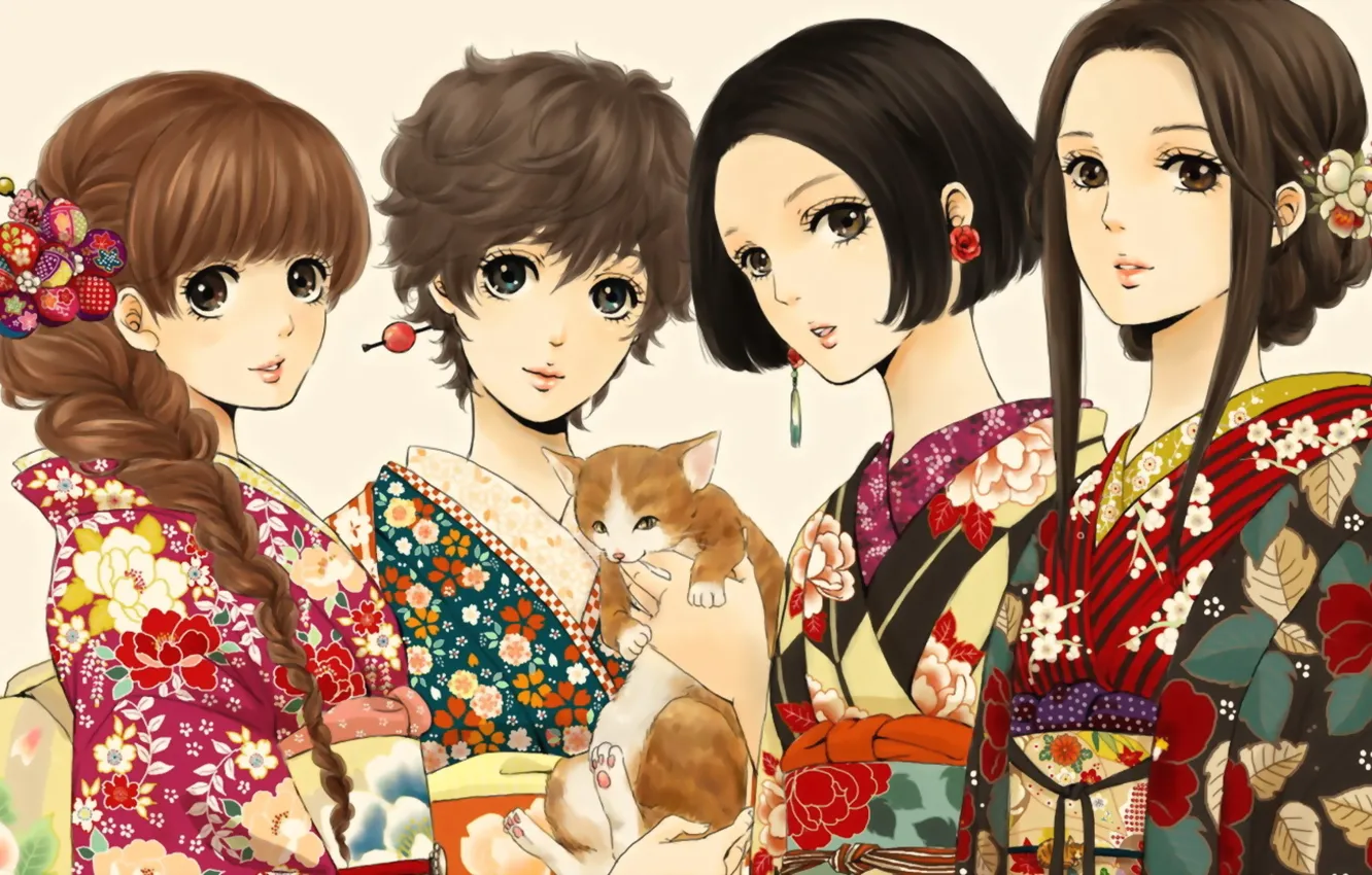 Фото обои кошка, девушки, кимоно