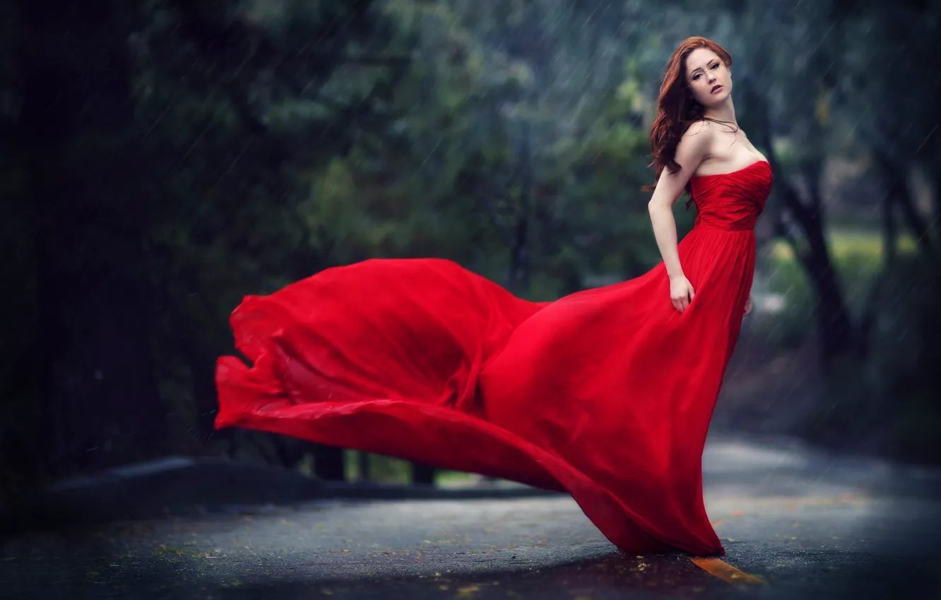 Фото обои капли, дождь, девушка в красном