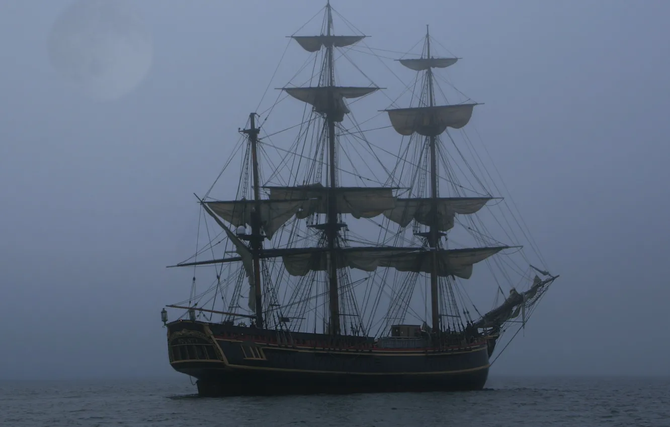 Фото обои море, туман, луна, парусник, bounty