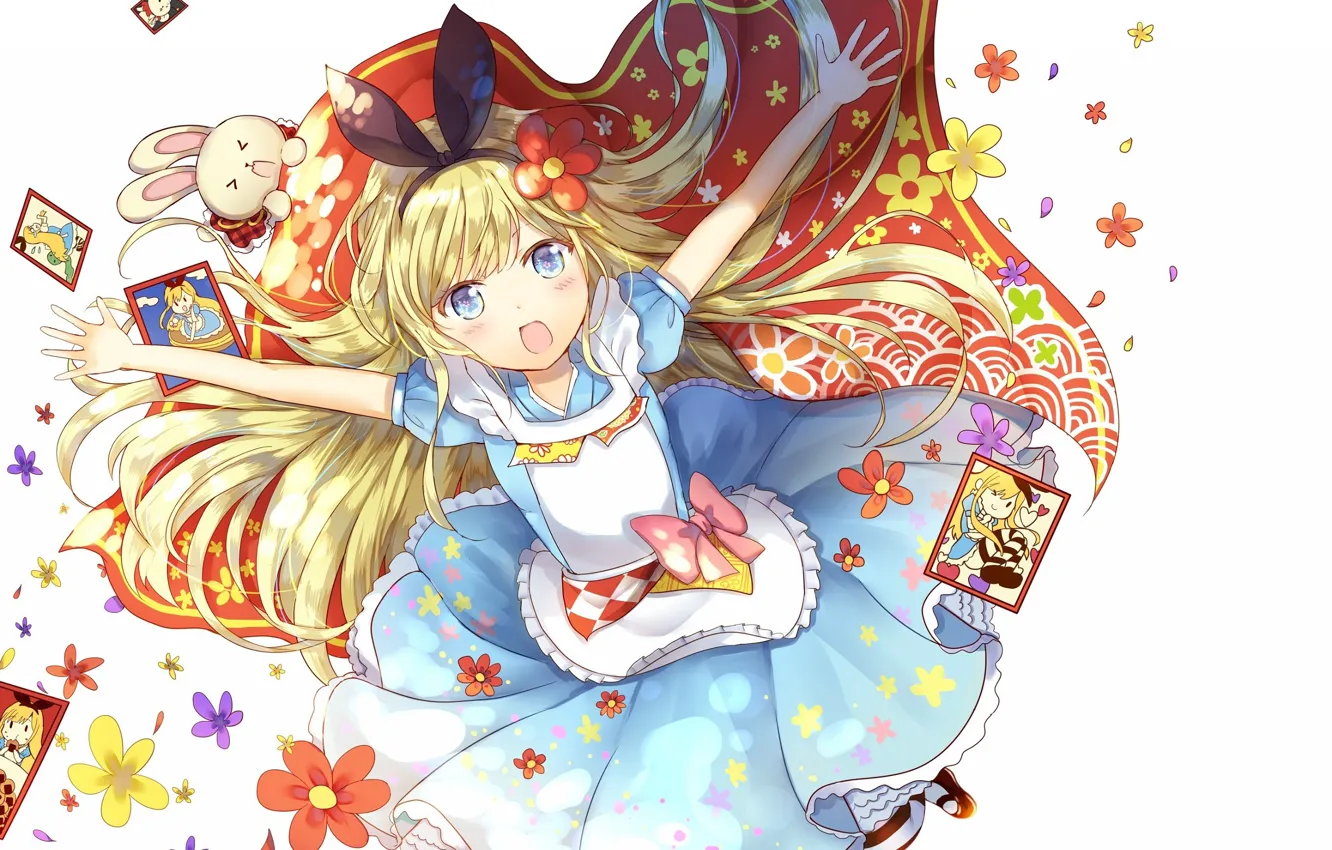 Фото обои карты, кролик, Алиса, голубые глаза, цветочки, бант, Alice in Wonderland, платок