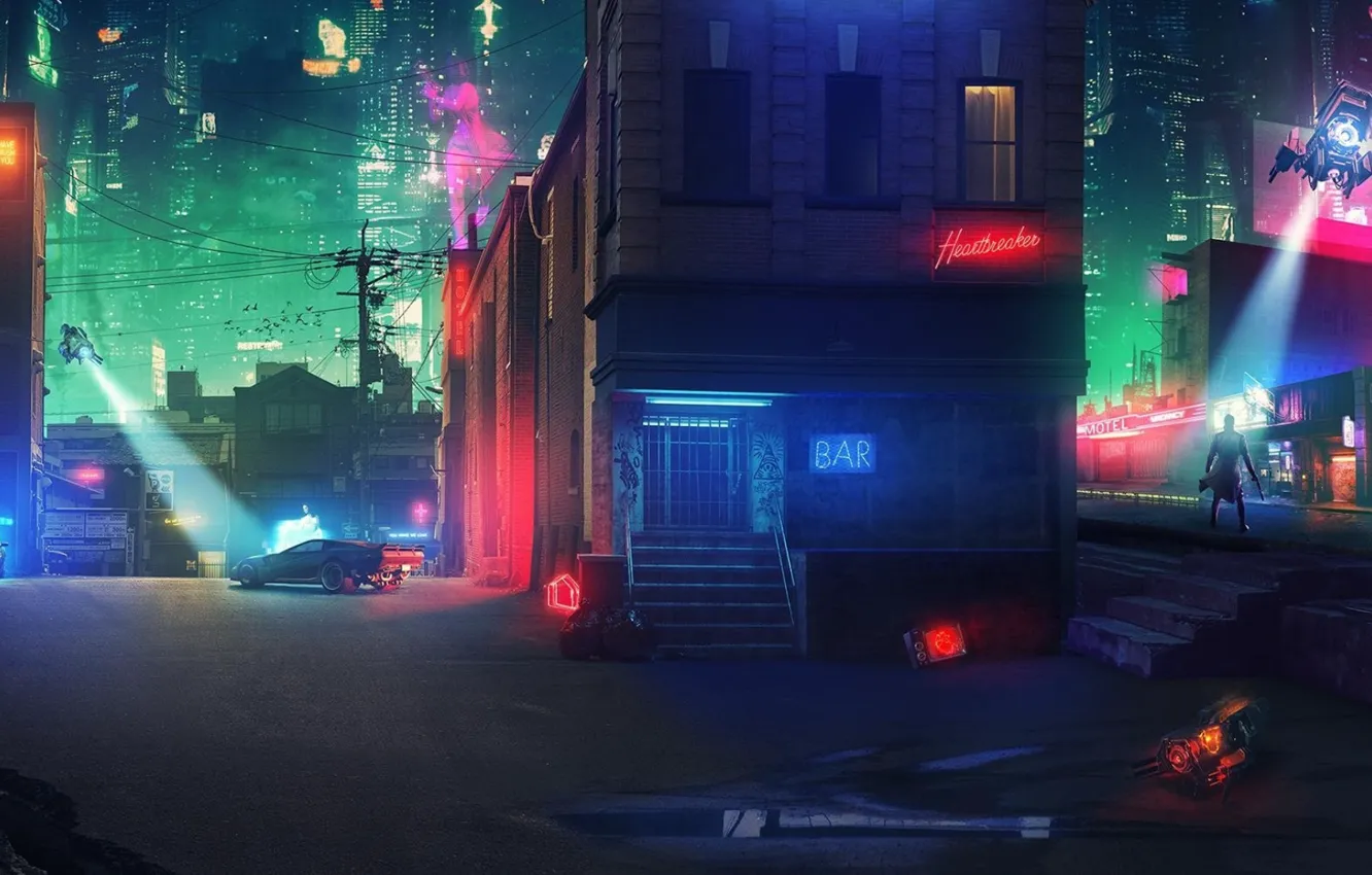 Фото обои машина, ночь, город, оружие, лужа, парень, Cyberpunk 2077