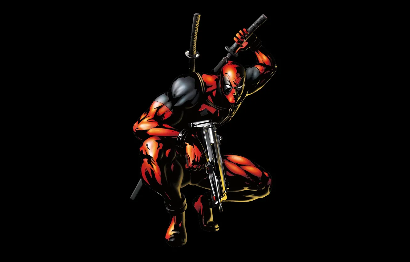 Фото обои оружие, gun, черный фон, marvel, comics, deadpool, heroes, ninja