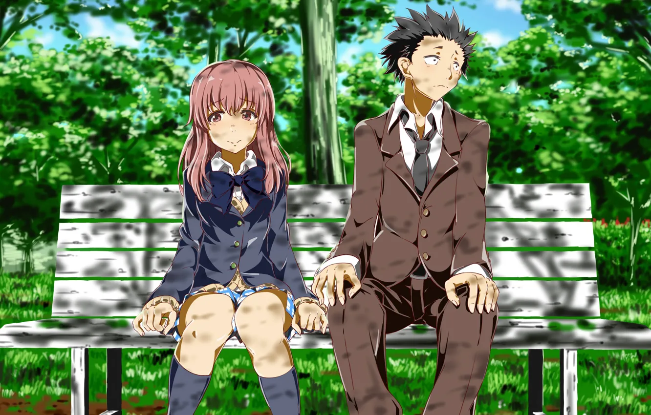 Фото обои девушка, скамейка, парк, парень, двое, Форма голоса, Koe No Katachi