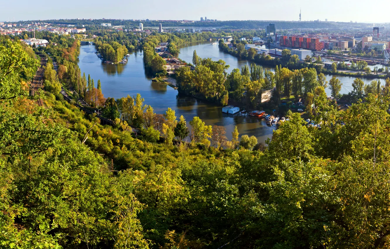 Фото обои деревья, пейзаж, река, дома, Прага, Чехия, панорама
