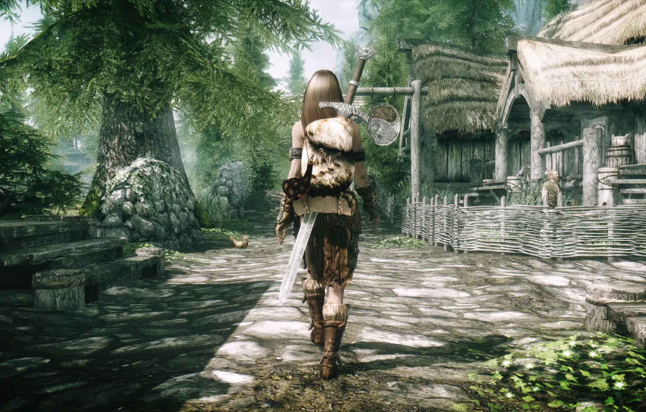 Фото обои девушка, забор, спина, меч, деревня, ступени, Skyrim, идёт