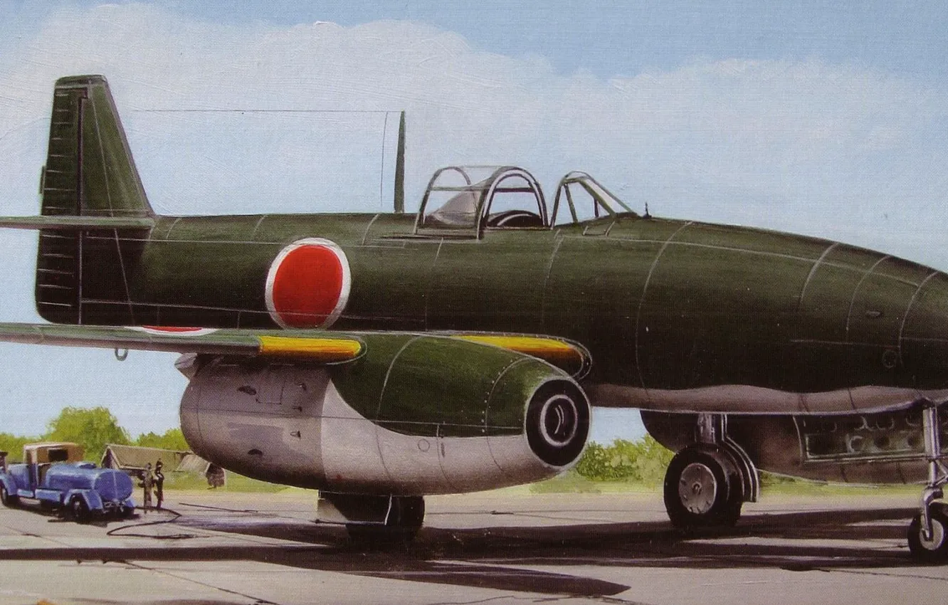 Фото обои небо, истребитель, прототип, бомбардировщик, Арт, аэродром, реактивный, японский