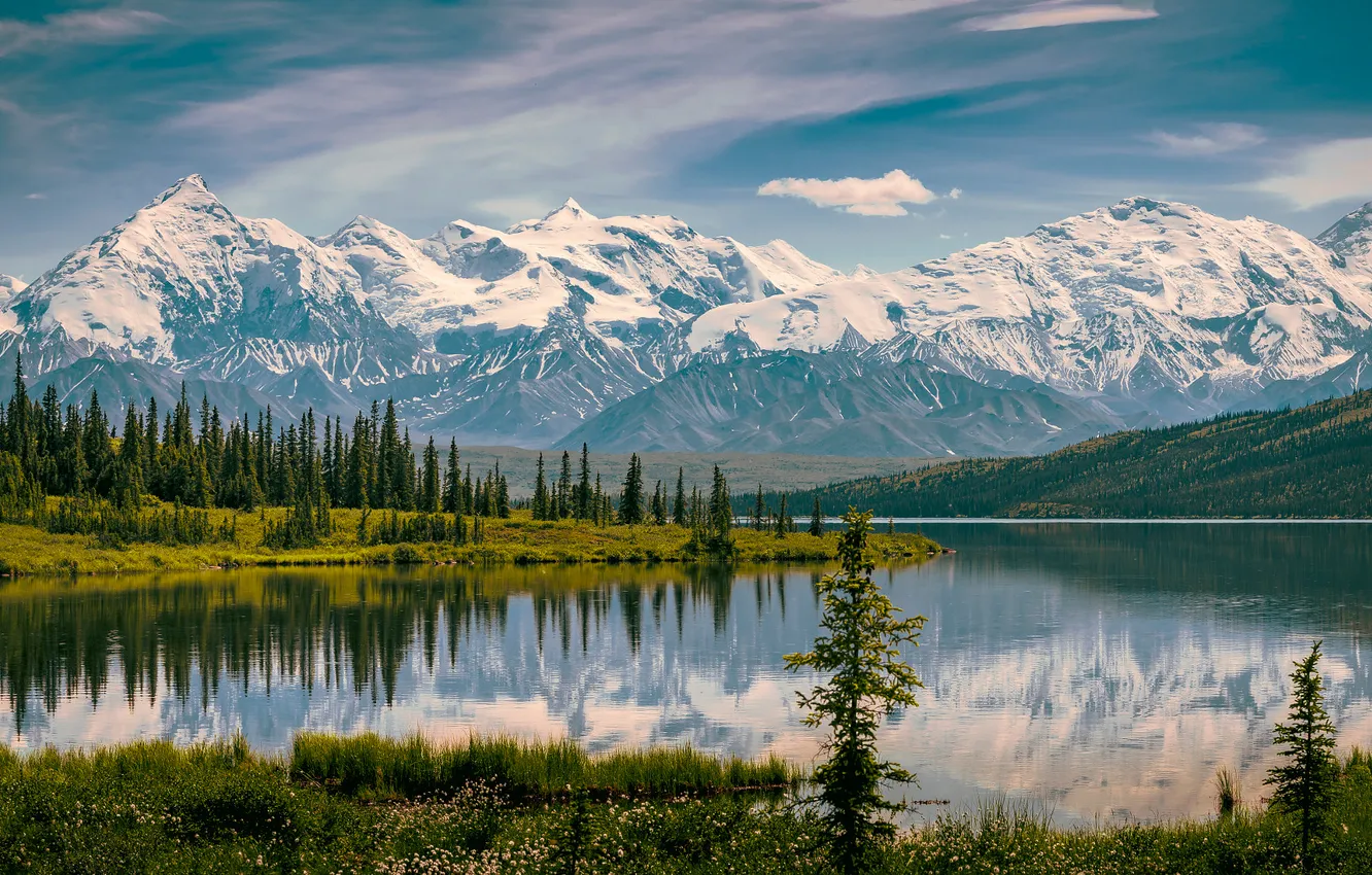 Фото обои небо, солнце, деревья, пейзаж, горы, природа, река, Alaska