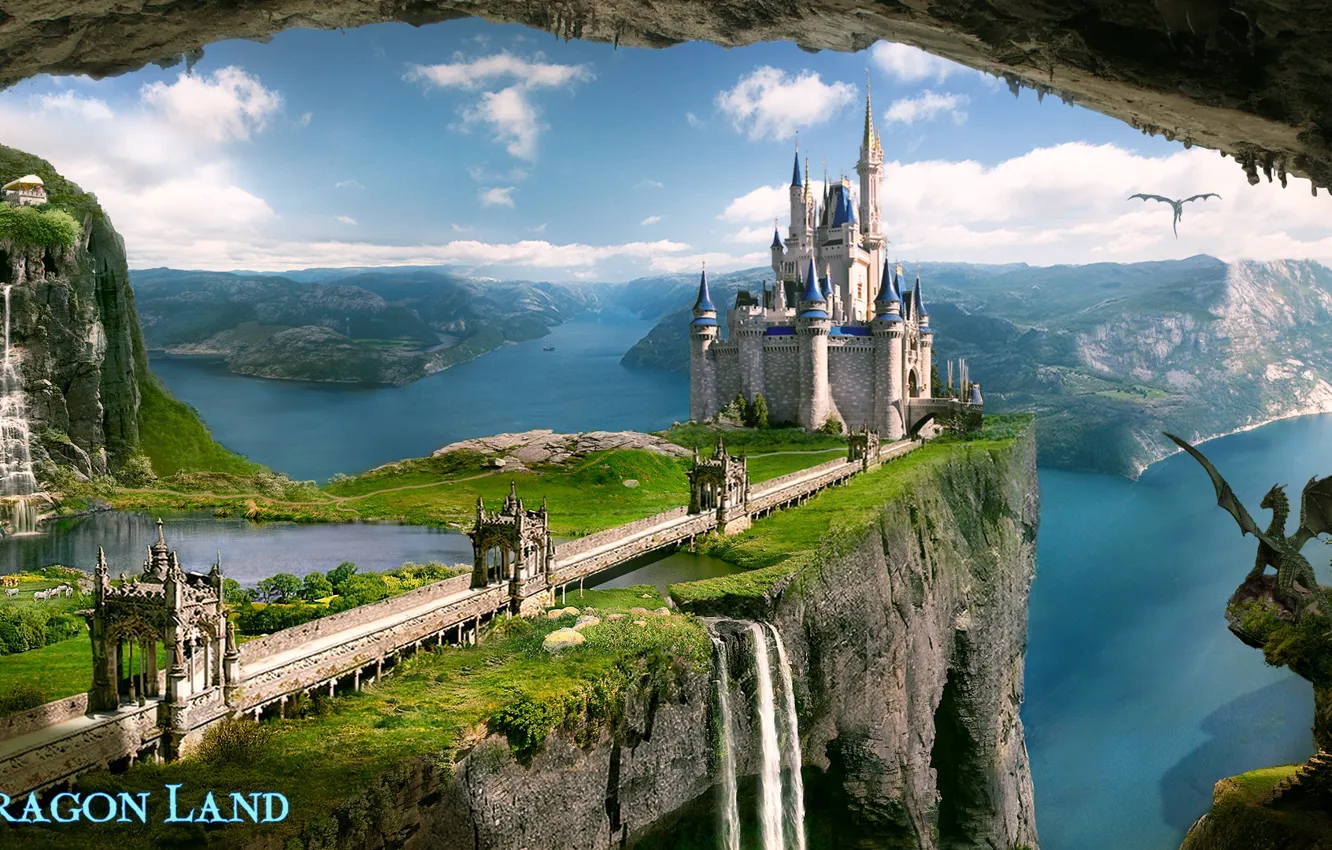 Фото обои море, горы, озеро, замок, скалы, водопад, драконы, dragon land