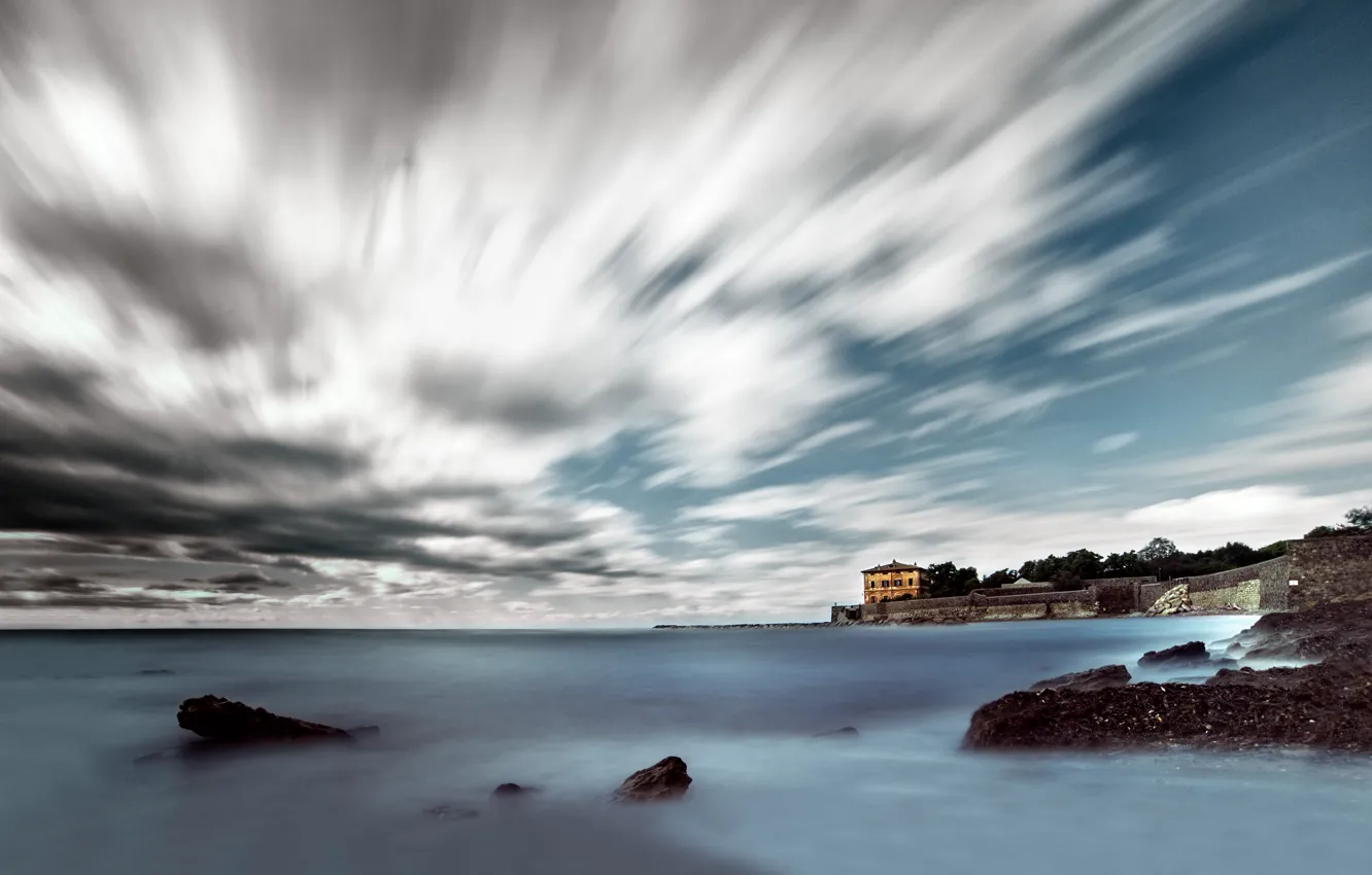 Фото обои море, облака, дома, house, sea, clouds